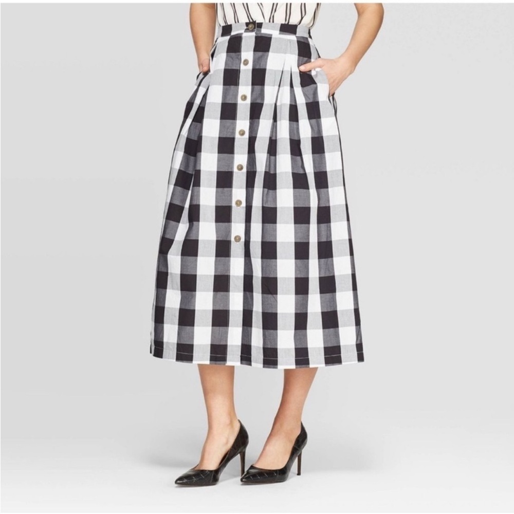 Who What Wear Black and White Plaid Button Front Full Midi Skirt